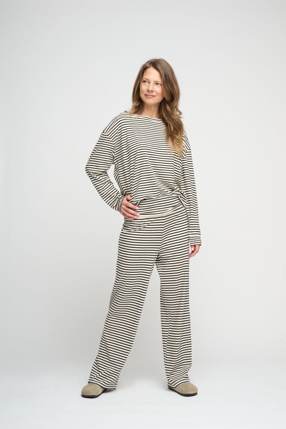 Pure Cotton stripe bukser - ecru/moonless night